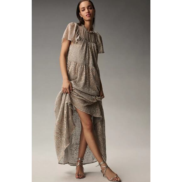 EUC Anthropologie Short-Sleeve Gold Silver Maxi Dress - Small - Picture 1 of 5